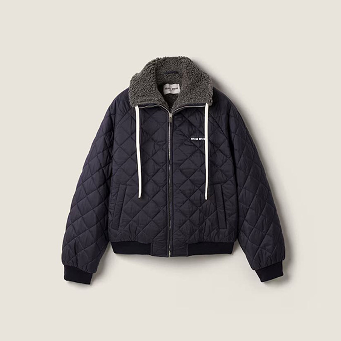 miu miu navy shearling collar diamond quilted drawstring casual jacket